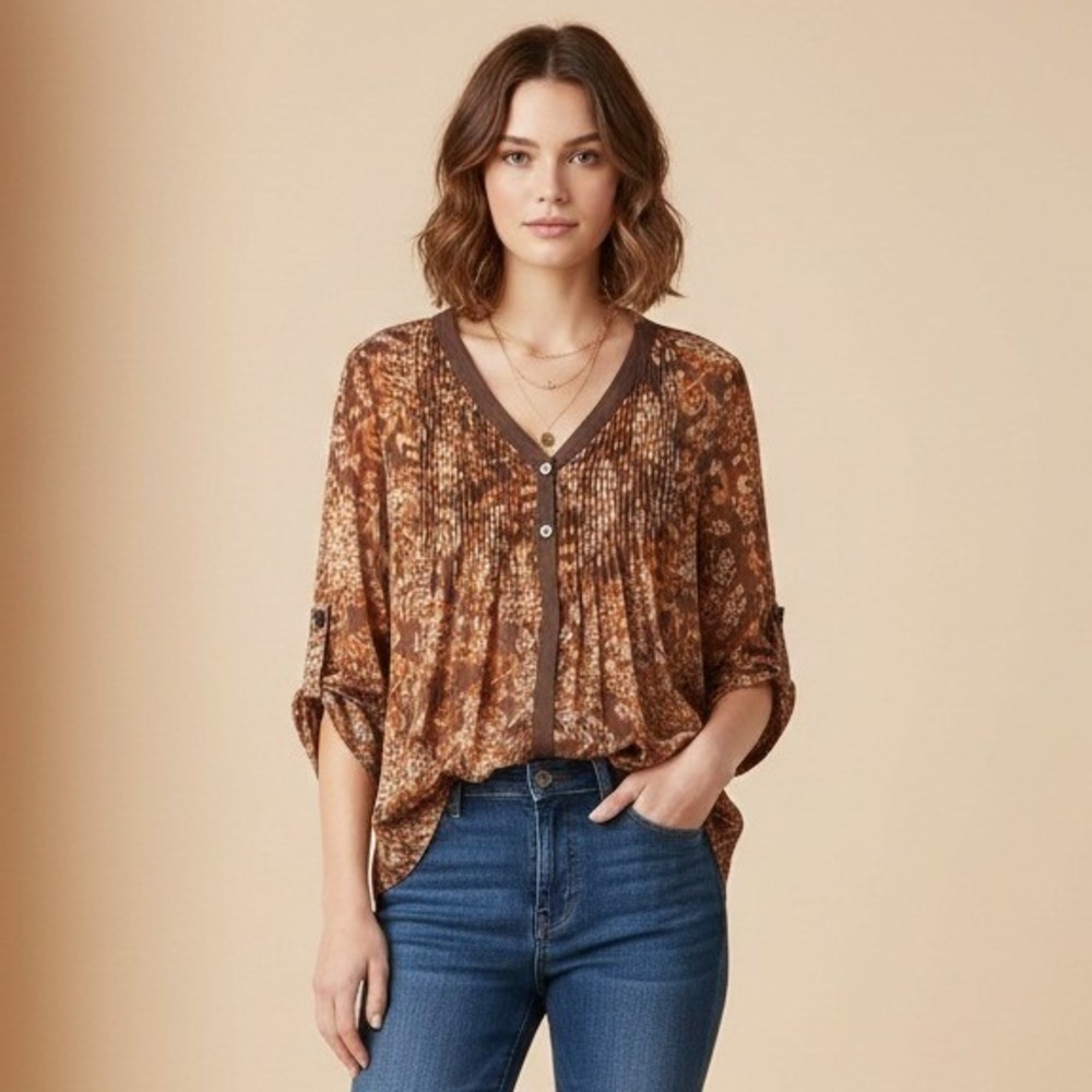 Coldwater Creek Blouse Top Womens‎ Medium Brown Two Buttons Roll Tab Sheer